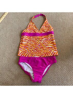 Speedo Swimsuit Girls 14 2 Piece Tankini Halter Top Pink Orange Bathing Suit